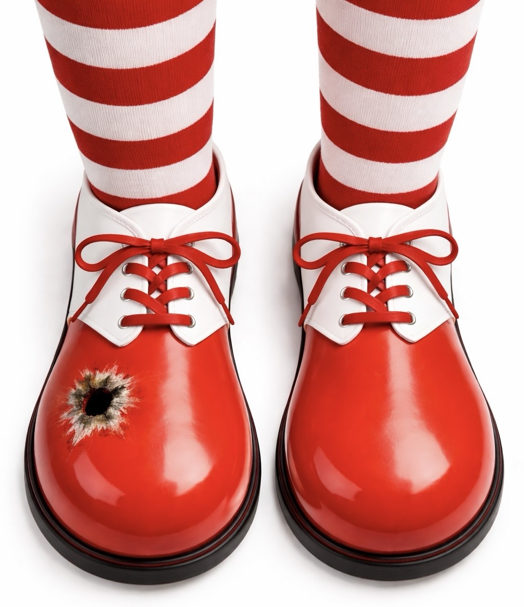 Large red clown shoes with red and white striped socks. The right shoe has a bullet hole in it