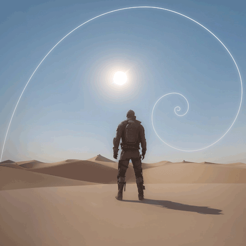 A man stands on a sand dune staring into the desert sun 