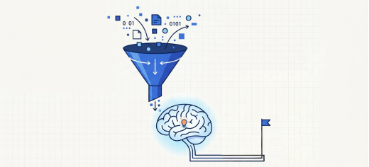 Illustration of data being sorted through a funnel into a brain with a light bulb and flag